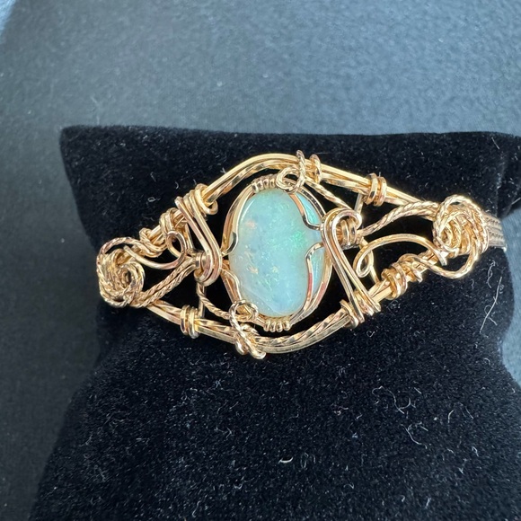 Vintage Inspired Gold Wire Wrapped Bracelet with Opalescent Center Stone - Picture 12 of 12
